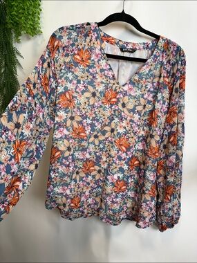 Orange and Blue Floral Long Sleeve Relaxed Blouse